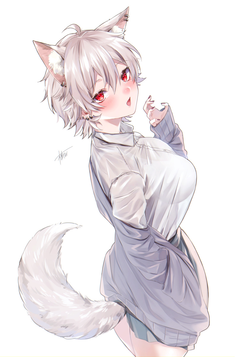 1girl absurdres animal_ear_fluff animal_ears bangs blue_skirt breasts claw_pose collared_shirt cowboy_shot dress_shirt earrings extra_ears eyebrows_visible_through_hair fox_ears fox_girl fox_tail hair_between_eyes hand_in_pocket harui_(hr_x9_) highres jewelry large_breasts long_sleeves looking_at_viewer nail_polish off_shoulder open_mouth original piercing red_eyes shirt short_hair signature silver_hair simple_background skirt solo sweatshirt tail white_background