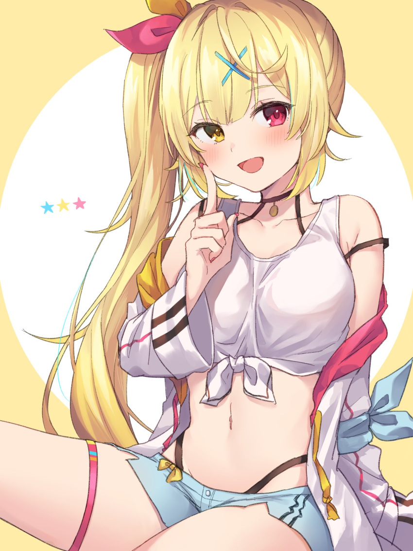 1girl :d bare_shoulders blonde_hair blue_shorts breasts collarbone crop_top front-tie_top hair_ornament hair_ribbon highleg highres hoshikawa_sara index_finger_raised jacket long_hair long_sleeves looking_at_viewer medium_breasts micro_shorts midriff navel nijisanji off_shoulder open_clothes open_jacket open_mouth red_eyes ribbon shirt shorts side_ponytail sleeveless sleeveless_shirt smile solo stomach thigh_strap thighs virtual_youtuber white_jacket white_shirt x_hair_ornament yellow_eyes yuzutouhu_ika