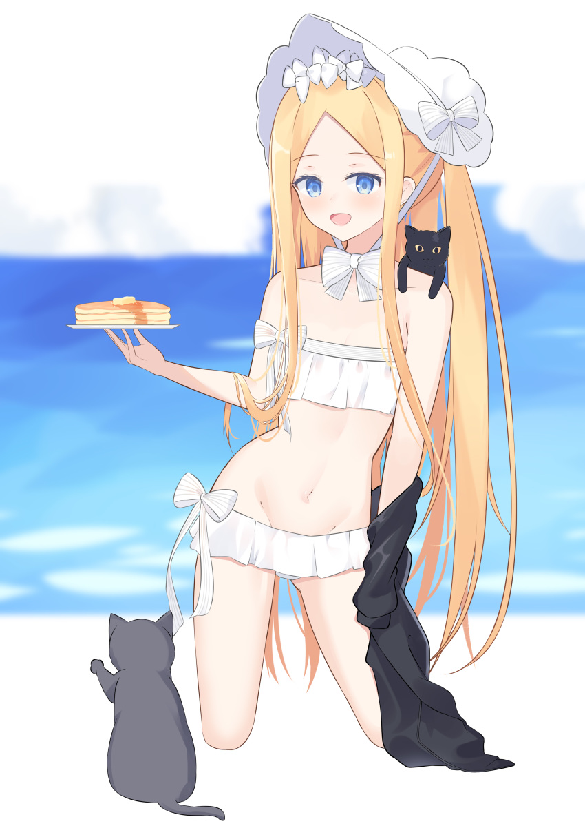1girl :d abigail_williams_(fate/grand_order) abigail_williams_(swimsuit_foreigner)_(fate) absurdres animal animal_on_shoulder bangs bare_arms bare_shoulders bikini black_cat blonde_hair blue_eyes blurry blurry_background blush bonnet bow cat collarbone commentary_request day depth_of_field eyebrows_visible_through_hair fate/grand_order fate_(series) food forehead groin hair_bow highres holding holding_plate kneeling long_hair navel open_mouth pancake parted_bangs plate roido_(taniko-t-1218) smile solo stack_of_pancakes strapless strapless_bikini striped striped_bow swimsuit very_long_hair white_bow white_headwear