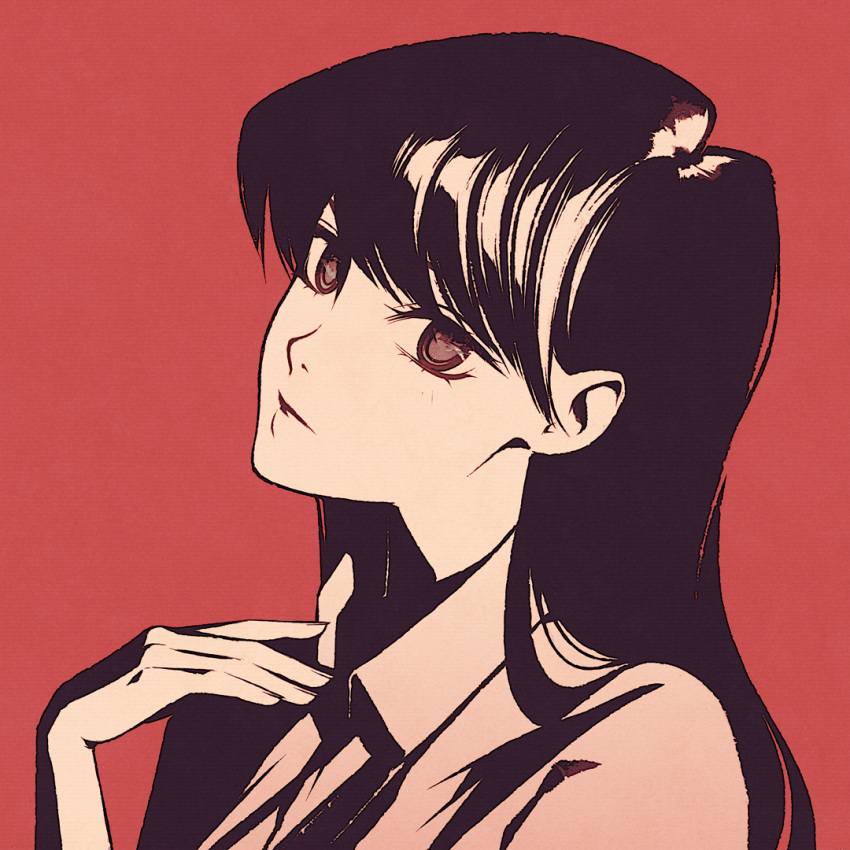 1girl black_eyes black_hair close-up hand_on_own_chest head_tilt komi-san_wa_komyushou_desu komi_shouko monochrome moshimoshibe parted_lips red_background solo