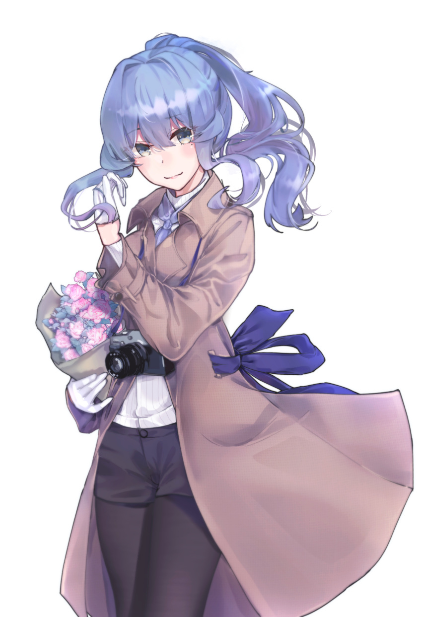 1girl alternate_costume black_legwear blue_eyes blue_hair blue_sky bouquet brown_coat camera coat eyebrows_visible_through_hair flower gloves gotland_(kantai_collection) hair_between_eyes hair_bun half_gloves highres himeyamato jacket kantai_collection long_hair looking_at_viewer mole mole_under_eye neck_ribbon pantyhose ribbon sack shirt simple_background sky smile solo white_background white_gloves white_shirt