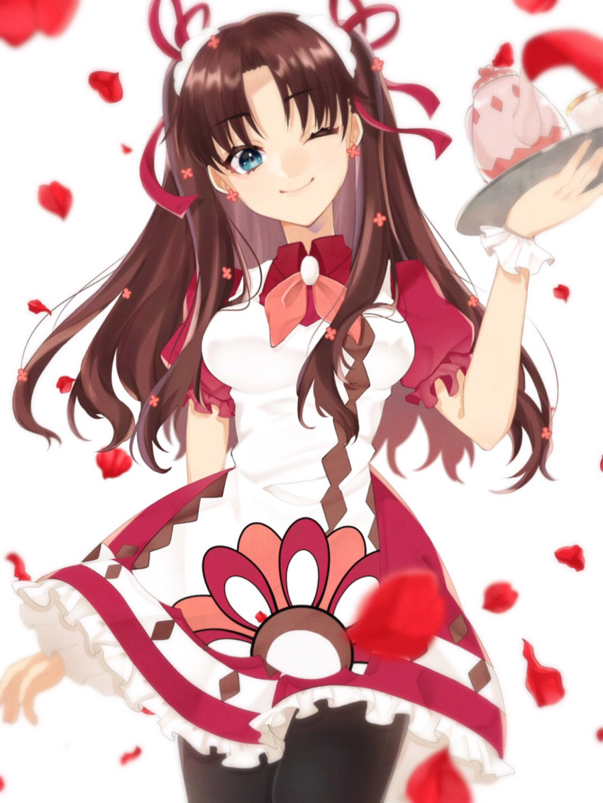 1girl black_hair blue_eyes fate/stay_night fate_(series) fuji_(pixiv17518157) highres long_hair maid one_eye_closed smile tohsaka_rin twintails two_side_up