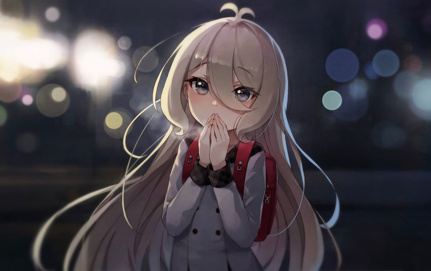 1girl antenna_hair backlighting backpack bag bangs black_eyes blurry blurry_background bokeh breath brown_hair coat commentary depth_of_field eyebrows_visible_through_hair grey_coat hair_between_eyes kokkoro_(princess_connect!) kokkoro_(real)_(princess_connect!) long_hair long_sleeves lunia night outdoors own_hands_together princess_connect! princess_connect!_re:dive randoseru solo upper_body very_long_hair