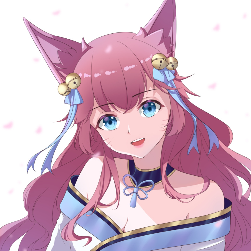 1girl ahri animal_ears blue_eyes close-up fox_ears fox_girl long_hair looking_at_viewer open_mouth pink_hair skynokii solo spirit_blossom_ahri white_background