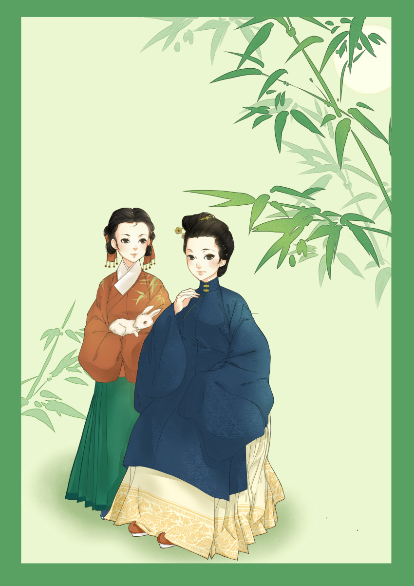 2girls absurdres animal aoqun bamboo black_eyes black_hair blue_shirt border chinese_clothes full_body green_background green_border green_skirt hair_ornament hair_ribbon hair_stick hanfu highres holding holding_animal lin334434 long_skirt long_sleeves looking_at_another looking_at_viewer mamianqun mandarin_collar ming_dynasty multiple_girls original pankou red_shirt ribbon shirt shuangyaji sitting skirt white_rabbit_(animal) wide_sleeves wo_zhui_ji yellow_skirt
