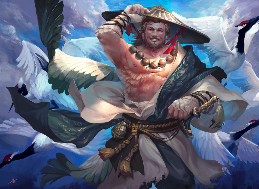 1boy alcohol bara beard bird brown_hair crane_(animal) day facial_hair hand_up hat jewelry looking_at_viewer luer_qing male_focus mustache necklace outdoors rice_hat rope sake sheath sheathed smile solo standing wings