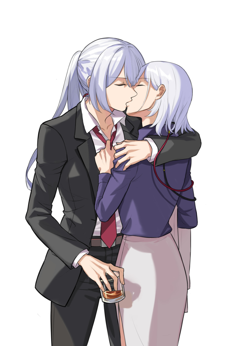 2girls absurdres ak-15_(girls_frontline) beige_skirt belt black_jacket black_pants blazer closed_eyes commentary_request formal girls_frontline highres hug jacket kiss long_hair medium_hair multiple_girls necktie pants ponytail purple_shirt red_neckwear rpk-16_(girls_frontline) shirt silayloe silver_hair skirt suit white_background white_shirt yuri