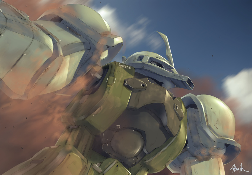 artist_name atsajh close-up dust from_below gundam highres looking_ahead mecha mobile_suit_gundam no_humans sky solo zaku_ii zeon