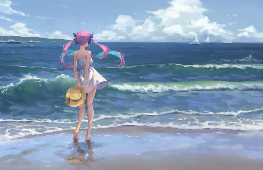 1girl arms_behind_back bare_arms bare_legs bare_shoulders barefoot beach blue_hair blue_sky boat clouds commentary_request day dress from_behind gawain_(artist) hair_ribbon hat hat_removed headwear_removed highres holding_head hololive horizon long_hair minato_aqua multicolored_hair ocean outdoors purple_hair purple_ribbon reflection ribbon sailboat scenery short_dress sky sleeveless sleeveless_dress solo standing sun_hat sundress twintails two-tone_hair virtual_youtuber water watercraft waves white_dress wide_shot