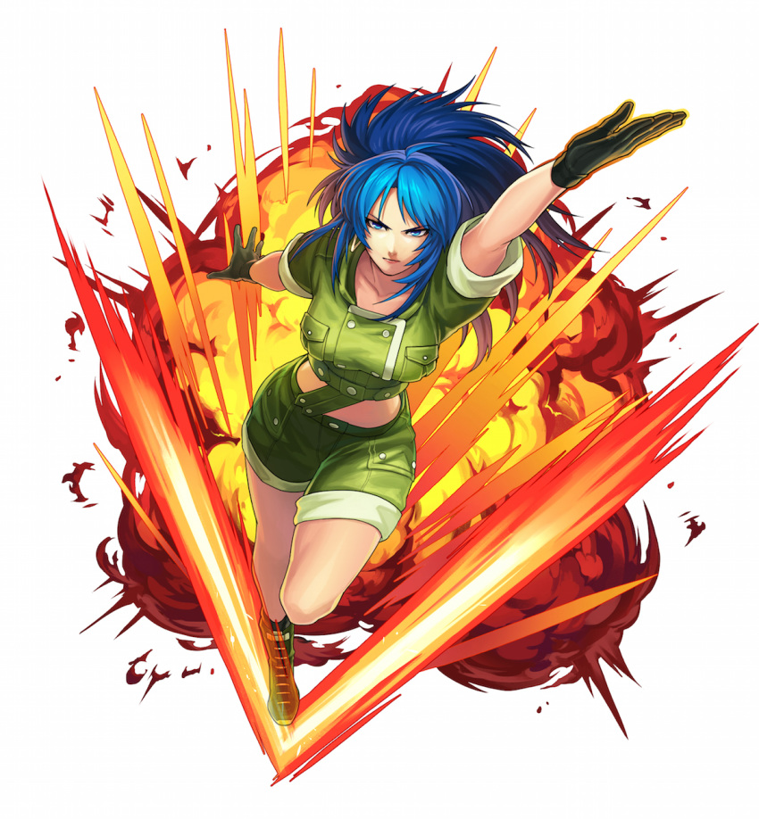 1girl artist_request black_gloves blue_eyes blue_hair boku_&amp;_dragons boots earrings explosion fighting_stance gloves green_jacket green_shorts highres jacket jewelry leona_heidern looking_at_viewer military military_uniform official_art ponytail serious shorts soldier solo the_king_of_fighters tied_hair triangle_earrings uniform v white_background