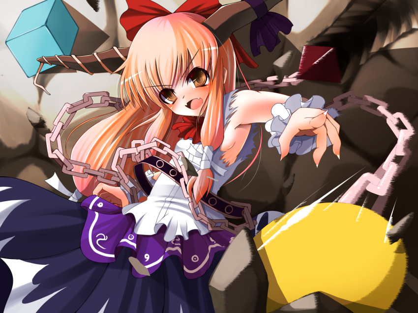 1girl armpits bangs belt blue_bow blue_skirt blush bow breasts brown_eyes chain commentary_request cube disconnected_mouth doburoku_(daiginjou) eyebrows_visible_through_hair fangs fingernails frilled_cuffs hair_bow horn_bow horns ibuki_suika incoming_attack long_hair motion_blur motion_lines neckerchief oni orange_hair pointing pointing_at_viewer pyramid_(geometry) red_bow red_neckwear shadow sharp_fingernails shirt sideboob sidelocks skirt sleeveless sleeveless_shirt slit_pupils small_breasts solo sphere tongue torn_clothes torn_sleeves touhou v-shaped_eyebrows white_nails white_shirt white_wrist_cuffs wrist_cuffs