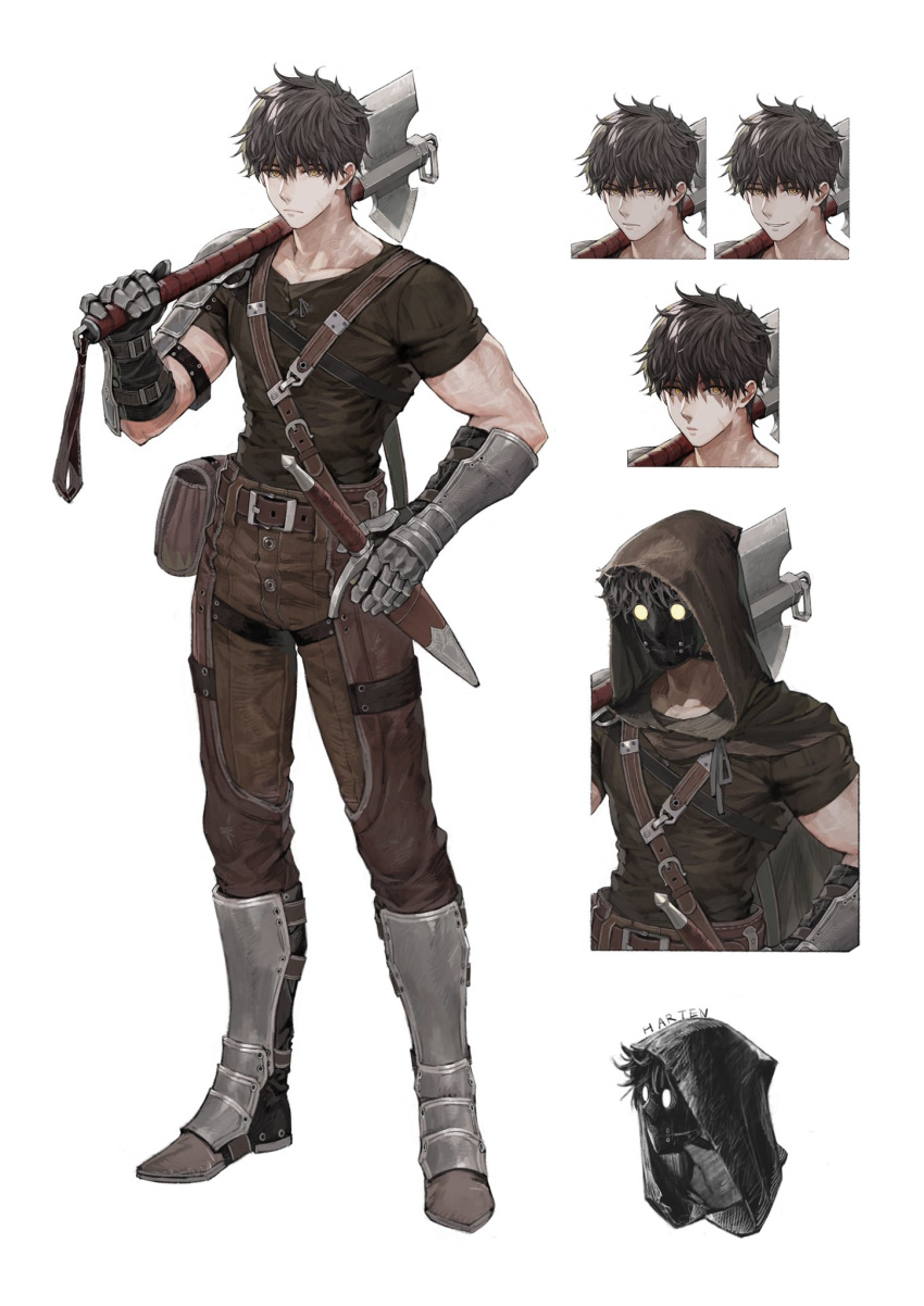 1boy armored_boots axe belt belt_pouch boots brown_hair character_sheet commentary_request dagger expressionless facial_scar gauntlets harten_sieg_filbrio highres holding holding_axe holding_weapon hood jun_(seojh1029) mask original pants pouch scar scar_on_cheek sheath sheathed short_hair short_sleeves smile solo sweatdrop weapon white_background yellow_eyes