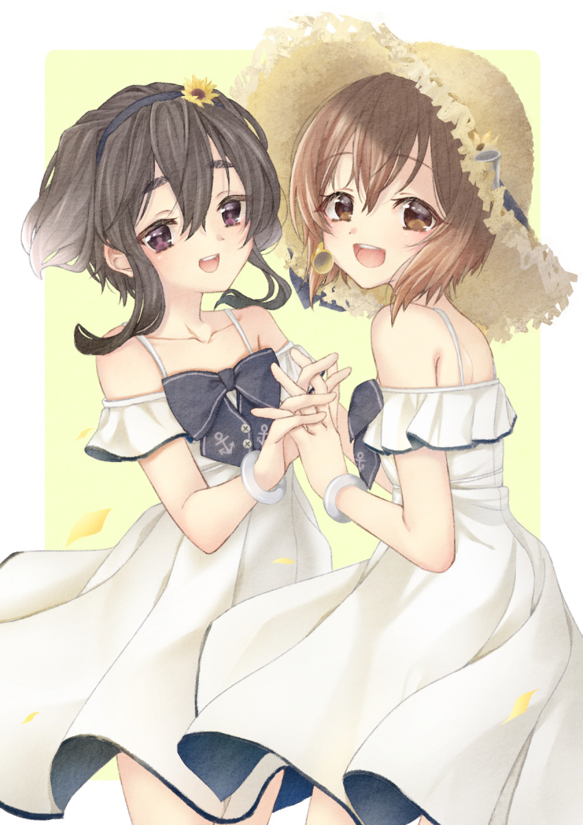 2girls amane_(axmaxne) anchor_symbol back black_hair blue_bow bow brown_eyes brown_hair collarbone dress eyebrows_visible_through_hair flower hair_between_eyes hair_flower hair_ornament hairband hands_clasped hat hat_flower headset highres kantai_collection looking_at_viewer multiple_girls open_mouth own_hands_together short_hair smile speaking_tube_headset straw_hat sun_hat sundress sunflower_hair_ornament tokitsukaze_(kantai_collection) white_background yellow_background yukikaze_(kantai_collection)