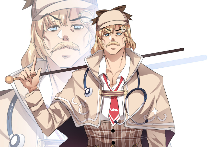 1boy blonde_hair brown_headwear brown_jacket collared_shirt comedy commentary detective facial_hair hat highres hinghoi hololive hololive_english holomyth jacket long_sleeves looking_at_viewer male_focus manly multiple_views mustache necktie red_neckwear scar sherlock_holmes shirt upper_body watson_amelia white_shirt wing_collar