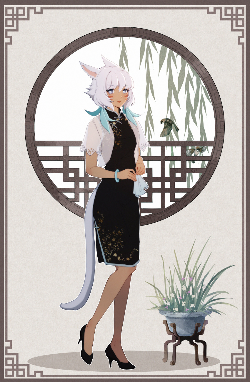 1girl absurdres animal_ears bangs bird bracelet cat_ears cat_tail china_dress chinese_clothes dark_skin dress eyebrows_visible_through_hair facial_mark final_fantasy final_fantasy_xiv full_body grey_eyes high_heels highres jewelry looking_at_viewer lyra-kotto miqo'te plant potted_plant see-through short_hair sleeveless sleeveless_dress smile solo standing tail whisker_markings white_hair y'shtola_rhul