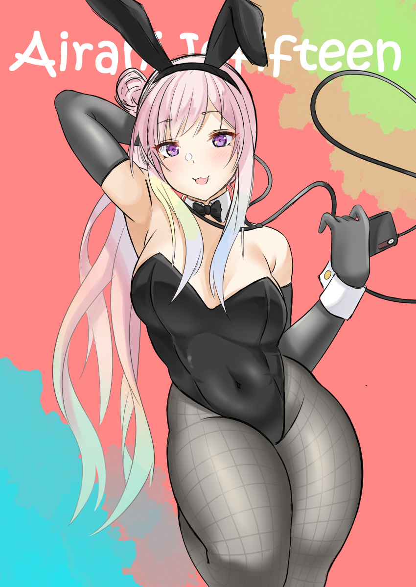 1girl absurdres airani_iofifteen animal_ears breasts bunnysuit character_name covered_navel english_commentary fake_animal_ears highres holding holding_phone hololive hololive_indonesia long_hair looking_at_viewer medium_breasts open_mouth phone pink_hair rabbit_ears red_chan solo violet_eyes