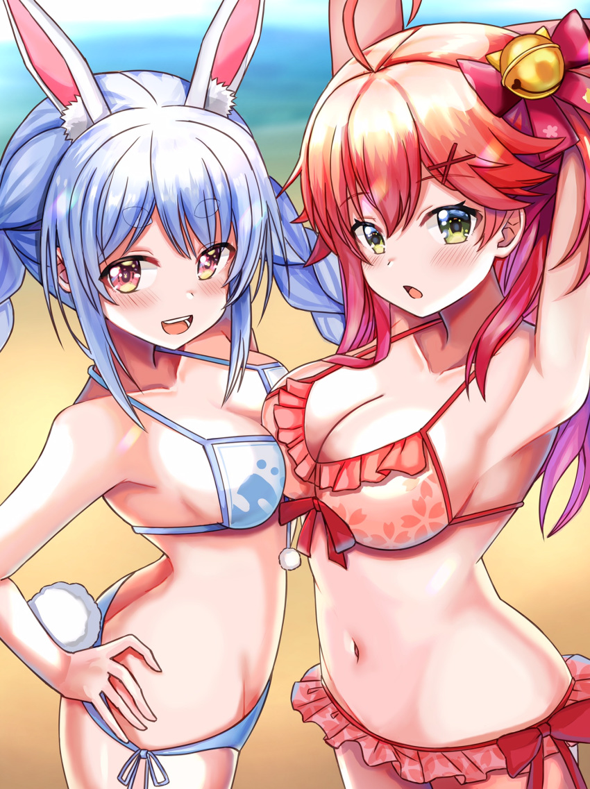 2girls ahoge animal_ear_fluff animal_ears arm_behind_head arm_up armpits asymmetrical_docking beach bell bikini blush braid breast_press breasts bunny_tail collarbone eyebrows_visible_through_hair frilled_bikini frills green_eyes hair_bell hair_ornament halterneck hand_on_hip highres hololive large_breasts long_hair looking_at_viewer medium_breasts multiple_girls navel nootomo open_mouth rabbit_ears red_bikini redhead sakura_miko sand side-tie_bikini smile swimsuit tail teeth thick_eyebrows twin_braids upper_teeth usada_pekora virtual_youtuber white_bikini x_hair_ornament