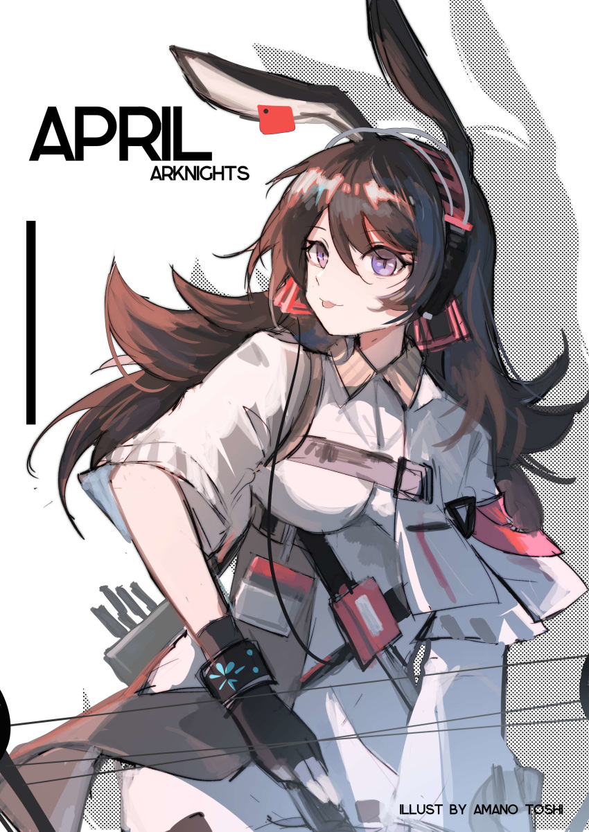 1girl :3 :p absurdres animal_ears april_(arknights) arknights bangs black_gloves brown_hair character_name commentary_request eyebrows_visible_through_hair fingerless_gloves gloves hair_between_eyes highres long_hair looking_at_viewer rabbit_ears short_sleeves smile solo tianye_toshi tongue tongue_out upper_body violet_eyes
