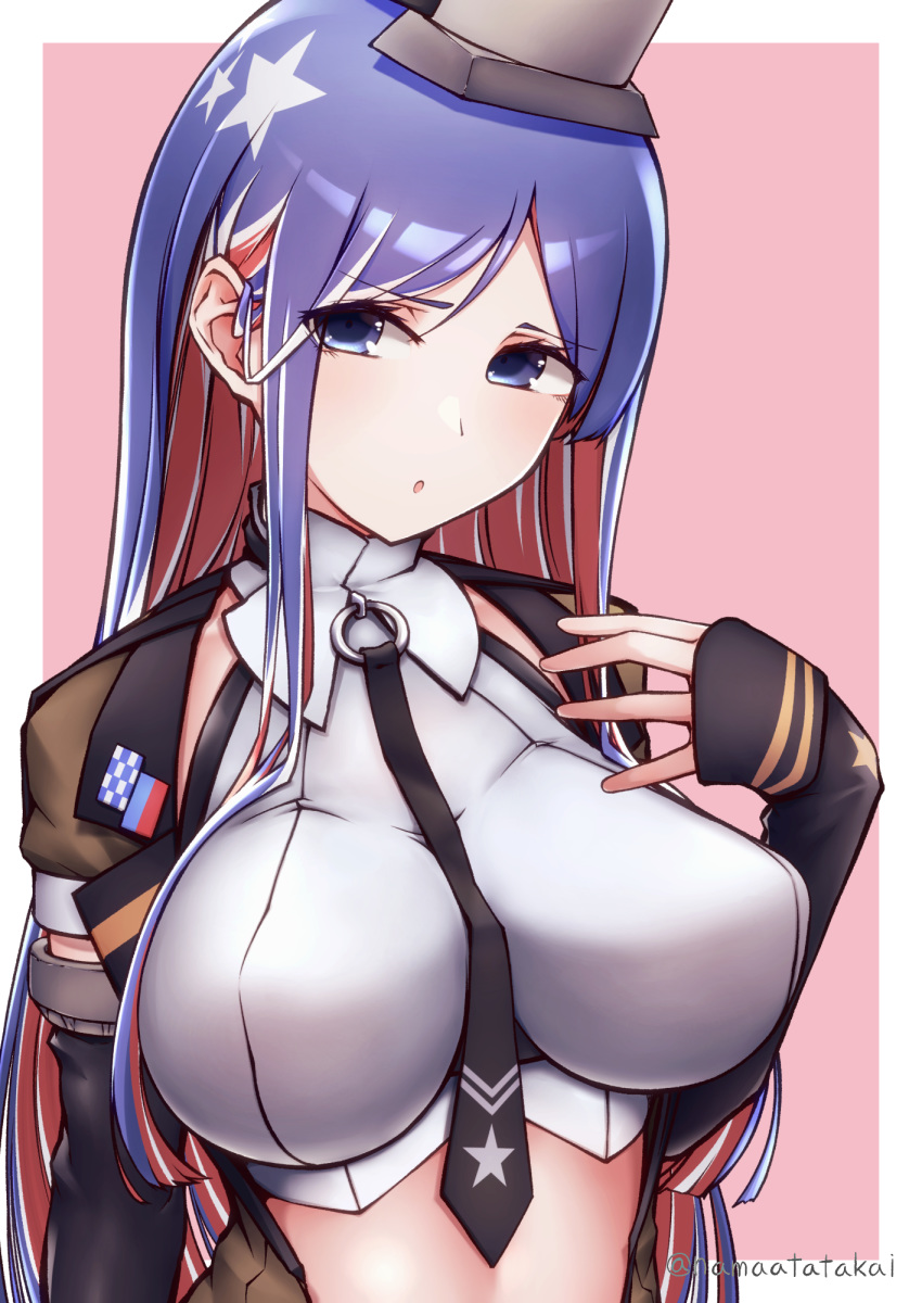 1girl black_gloves black_neckwear blue_eyes blue_hair breasts brown_jacket crop_top dress_shirt elbow_gloves gloves headgear highres jacket kantai_collection large_breasts long_hair multicolored_hair namaata necktie open_clothes open_jacket redhead shirt short_sleeves sleeveless solo south_dakota_(kantai_collection) star_(symbol) upper_body white_hair white_shirt