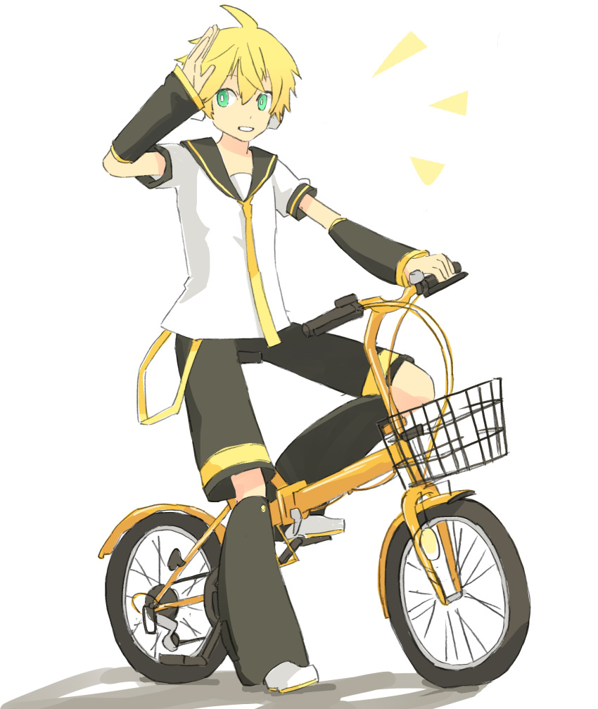 /\/\/\ 1boy aqua_eyes arm_warmers bicycle bicycle_basket black_collar black_shorts black_sleeves blonde_hair collar commentary d_futagosaikyou full_body grin ground_vehicle hand_up headphones highres kagamine_len kagamine_len_(append) leg_warmers male_focus necktie riding_bicycle sailor_collar salute school_uniform shadow shirt short_sleeves shorts smile vocaloid vocaloid_append wheel white_background white_footwear white_shirt yellow_neckwear