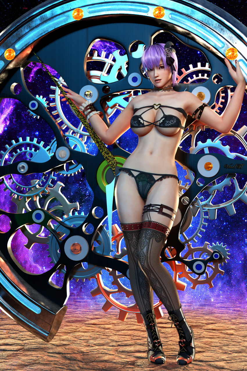 1girl 3d absurdres artist_request ayane ayane_(doa) bikini boots breasts dead_or_alive full_body gears highres huge_filesize large_breasts navel purple_hair red_eyes short_hair standing swimsuit thigh-highs thigh_strap under_boob