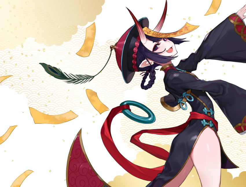 1girl :d bangs black_dress braid china_dress chinese_clothes commentary_request dress eyebrows_visible_through_hair fang fangs fate/grand_order fate_(series) hat heroic_spirit_festival_outfit highres horns jiangshi leaning_back long_sleeves looking_at_viewer looking_to_the_side ofuda oni oni_horns open_mouth outstretched_arm pink_lips pointy_ears purple_hair qing_guanmao red_headwear short_eyebrows shuten_douji_(fate/grand_order) sleeves_past_wrists smile solo standing talisman thick_eyebrows violet_eyes wide_sleeves yuu_(higashi_no_penguin)