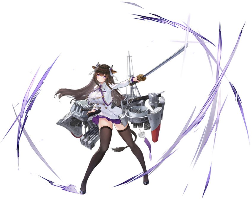 1girl animal_ears azur_lane black_footwear black_hair breasts brown_legwear cow_ears cow_girl cow_horns cow_tail cropped_jacket floating_hair full_body glint highres holding holding_sword holding_weapon horns jacket kashino_(azur_lane) katana large_breasts long_hair long_sleeves looking_at_viewer machinery mast official_art open_clothes open_jacket outstretched_arm pleated_skirt purple_skirt sheath shirt skirt solo standing sword tail thigh-highs transparent_background turret violet_eyes weapon white_jacket white_shirt wind_chime wing_collar yyy_(zelda10010) zettai_ryouiki