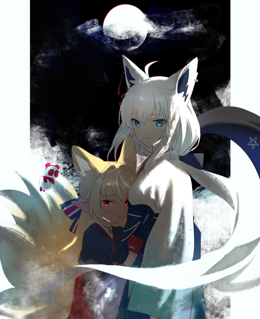 2girls ahoge animal_ears bangs blonde_hair blue_eyes braid child earrings elf eyebrows_visible_through_hair fox_ears fox_girl fox_tail gloves hair_between_eyes highres hololive hug japanese_clothes jewelry kimono kintsuba_(shiranui_flare) long_hair long_sleeves looking_at_viewer multiple_girls obi pentagram pointy_ears red_eyes red_gloves sash shirakami_fubuki shiranui_flare sidelocks single_braid symbol_commentary tail virtual_youtuber white_hair yomosaka