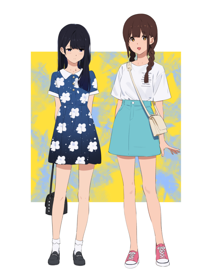 2girls :d aqua_skirt bag black_footwear blue_dress blue_hair blush bobby_socks braid brown_eyes brown_hair casual clothes_writing commentary dress english_text floral_print handbag high-waist_skirt highres kamo_kamen loafers multiple_girls no_socks open_mouth original pink_footwear print_dress shirt shoes short_sleeves shoulder_bag skirt smile sneakers socks t-shirt twin_braids violet_eyes white_legwear white_shirt