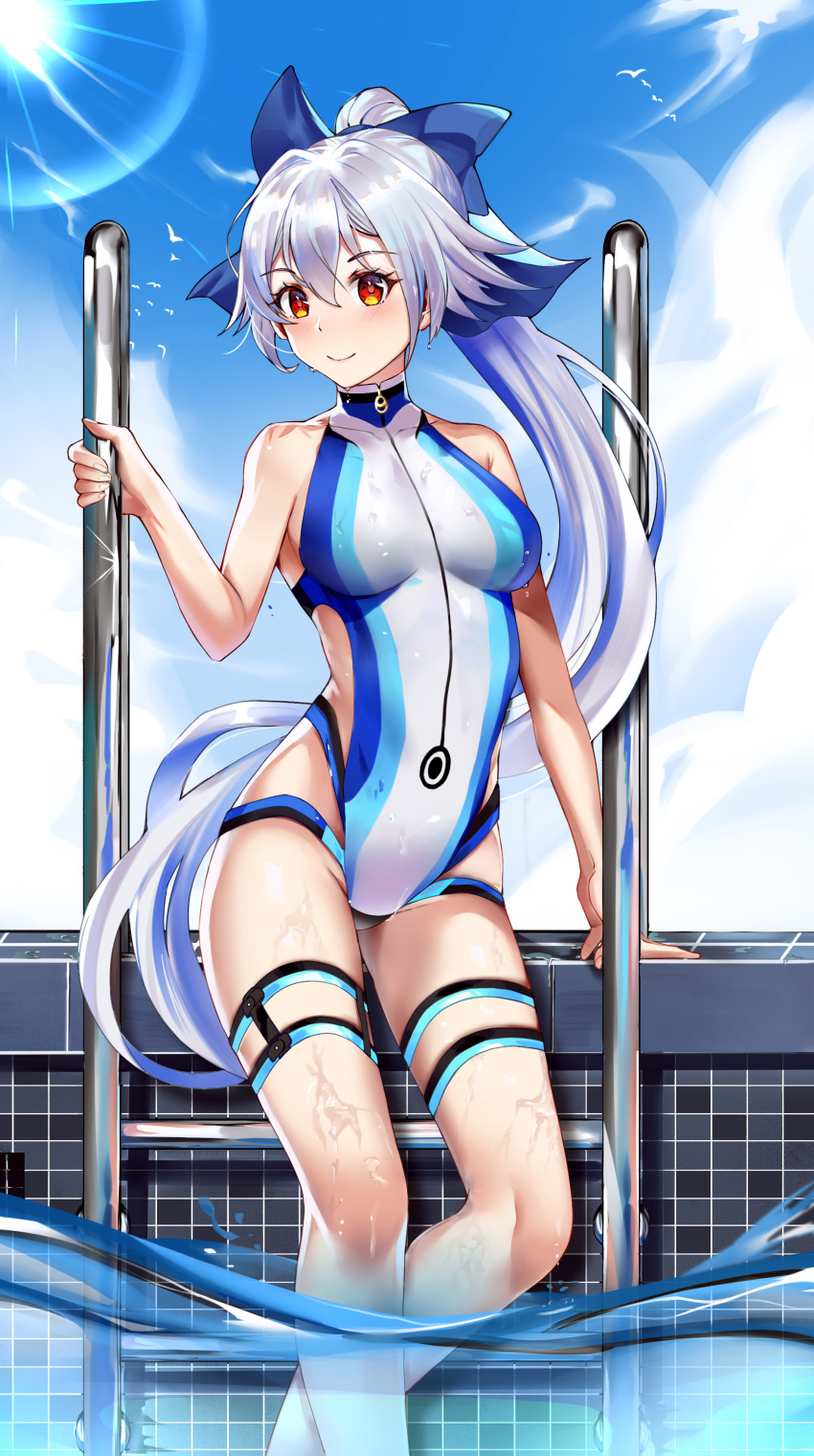 1girl absurdres artist_request bangs blue_bow blue_sky blue_swimsuit blush bow breasts closed_mouth fate/grand_order fate_(series) hair_between_eyes hair_bow highleg highleg_swimsuit highres large_breasts long_hair looking_at_viewer one-piece_swimsuit ponytail pool_ladder poolside red_eyes silver_hair sky smile swimsuit thigh_strap thighs tomoe_gozen_(fate/grand_order) tomoe_gozen_(swimsuit_saber)_(fate) two-tone_swimsuit water white_swimsuit