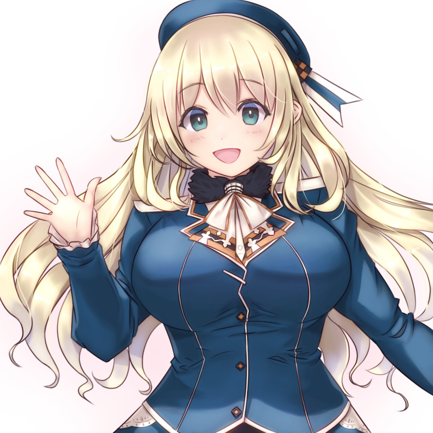 1girl atago_(kantai_collection) beret blonde_hair blue_headwear blue_jacket breasts frilled_sleeves frills gradient gradient_background green_eyes hagureyouma hat highres jacket kantai_collection large_breasts long_hair long_sleeves military military_uniform solo uniform upper_body