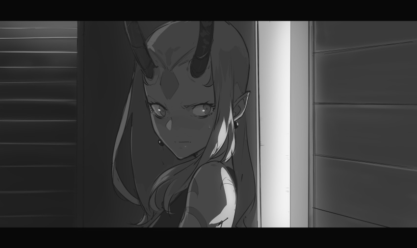 1girl absurdres arm_tattoo closed_mouth closet earrings face facial_mark fate/grand_order fate_(series) forehead_mark greyscale hiding highres horns ibaraki_douji_(fate/grand_order) indoors jewelry letterboxed long_hair looking_to_the_side monochrome oni pointy_ears sleeveless sol_ferrari solo sweatdrop tattoo upper_body