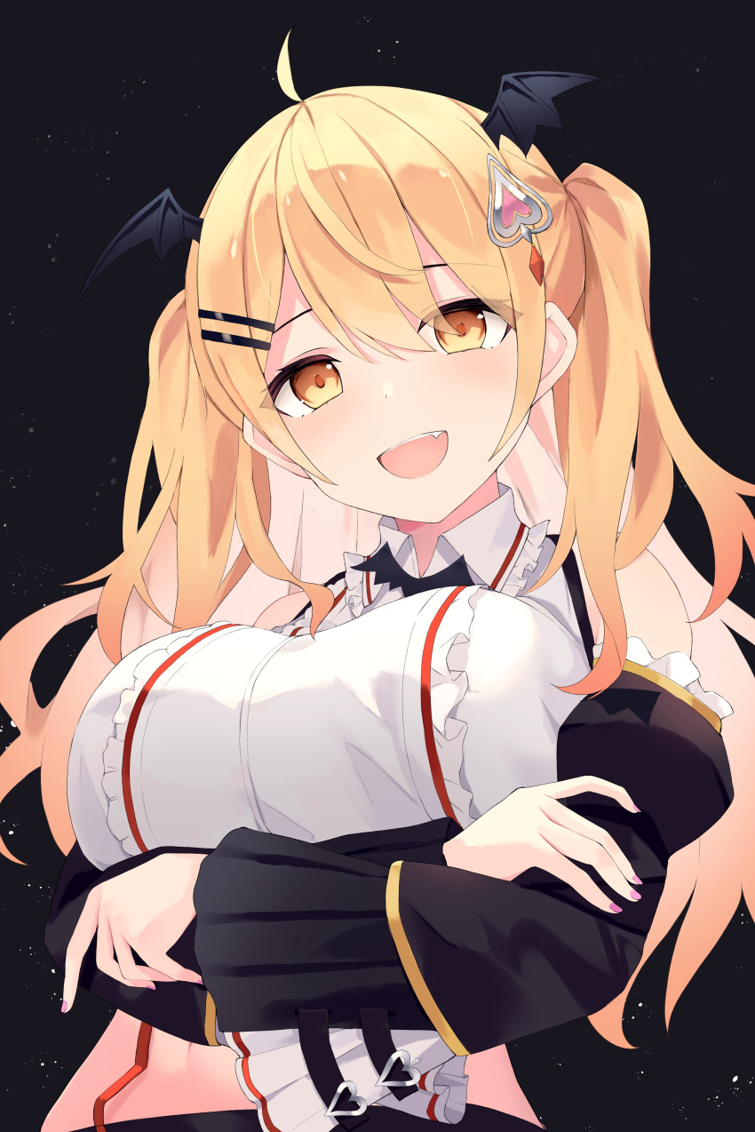 1girl :d absurdres ahoge bangs blonde_hair blush breasts crop_top crossed_arms detached_sleeves eyebrows_visible_through_hair fang hair_ornament hairclip head_wings heart heart_hair_ornament highres hololive large_breasts looking_at_viewer mizu_(lzzrwi603) open_mouth orange_eyes sidelocks sleeveless smile solo two_side_up vampire virtual_youtuber yozora_mel
