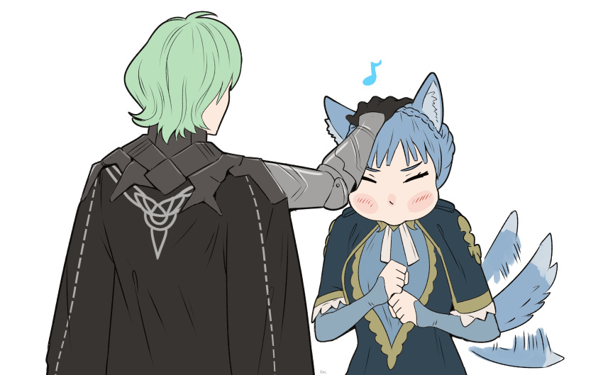1boy 1girl animal_ear_fluff animal_ears armor back black_armor black_cape black_gloves blue_capelet blue_dress blue_hair blush braid byleth_(fire_emblem) byleth_eisner_(male) cape capelet closed_eyes closed_mouth crown_braid dress epaulettes fire_emblem fire_emblem:_three_houses francisco_mon gloves green_hair highres long_sleeves marianne_von_edmund musical_note petting ribbon short_hair simple_background tail tail_wagging white_background white_ribbon wolf_ears wolf_tail