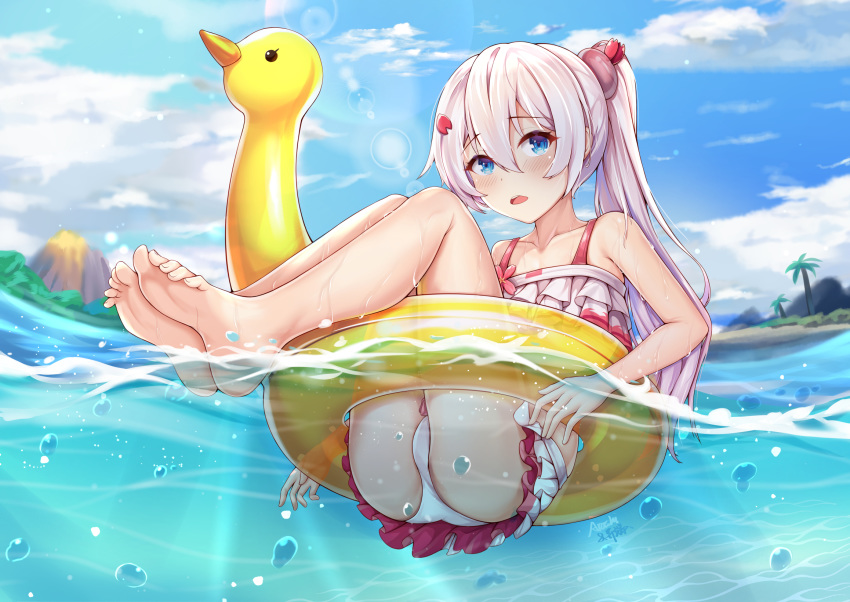 1girl ass bangs bare_legs barefoot beach bikini bikini_skirt blue_eyes blue_sky clouds collarbone commentary_request day eyebrows_visible_through_hair feet frilled_bikini frills hair_ornament highres honkai_(series) honkai_impact_3rd inflatable_duck inflatable_toy lens_flare mountain no_shoes ocean outdoors palm_tree partially_submerged platinum_blonde_hair ponytail sky soles swimsuit theresa_apocalypse thighs tree wet white_legwear yiduan_zhu