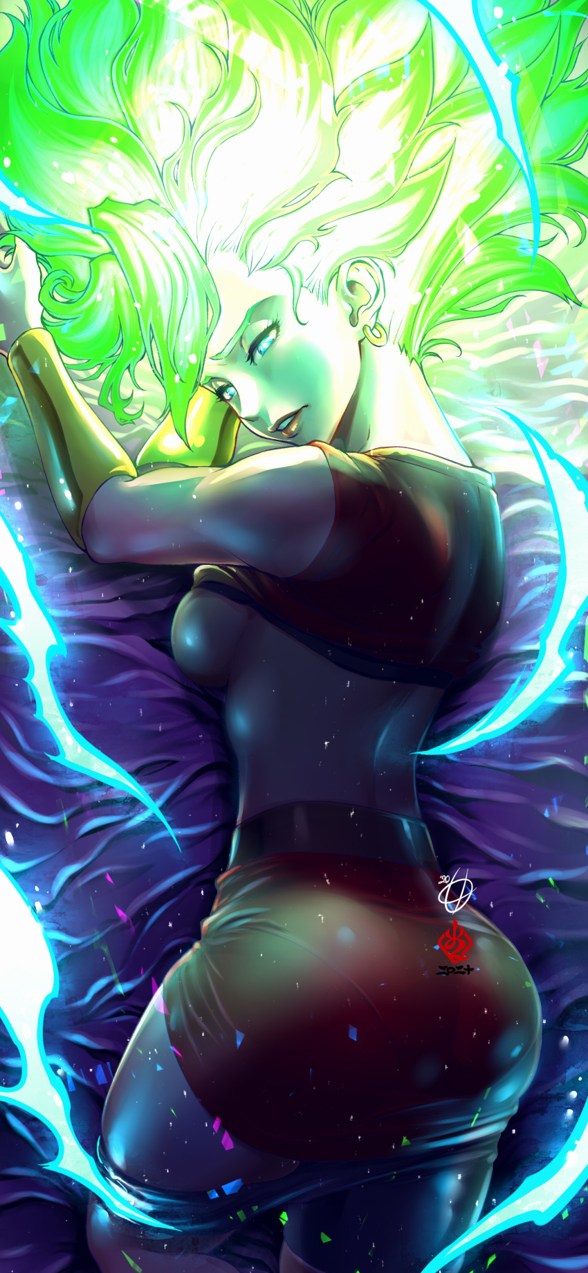1girl absurdres amaguchi_chiyoko ass aura bracer breasts dragon_ball dragon_ball_super earrings glowing glowing_hair highres jewelry kale_(dragon_ball) looking_at_viewer lying on_side pantylines parted_lips shirt_lift shorts shorts_under_skirt sideboob skirt solo super_saiyan