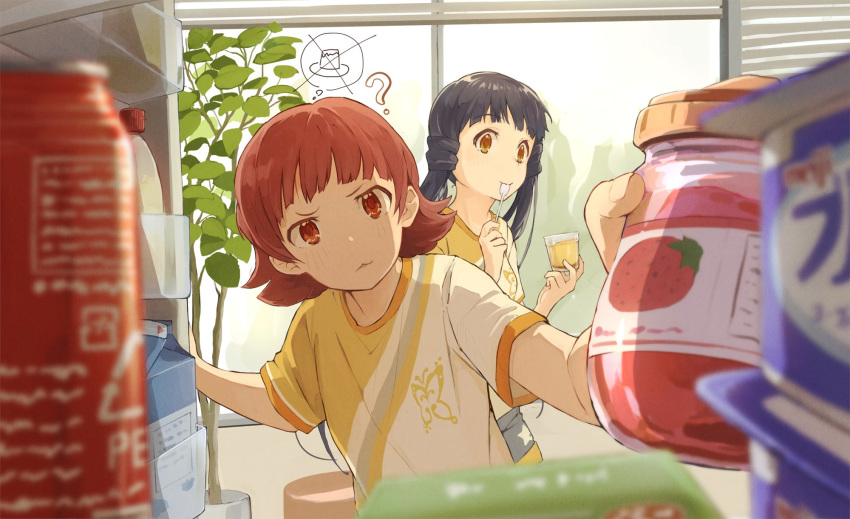 2girls :3 ? bangs black_hair blue_hair blunt_bangs blurry_foreground brown_eyes eating food foreshortening highres idolmaster idolmaster_million_live! in_container indoors jam kitakami_reika long_hair low_twintails marimo_(momiage) medium_hair multiple_girls plant potted_plant pudding red_eyes redhead refrigerator refrigerator_interior spoon_in_mouth strawberry_jam thought_bubble twintails