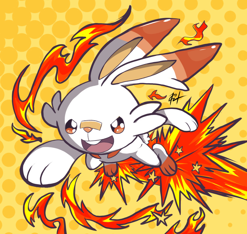 :d absurdres commentary english_commentary fire gen_8_pokemon harlequinwaffles highres jumping no_humans open_mouth orange_background pokemon pokemon_(creature) polka_dot polka_dot_background rabbit scorbunny signature smile solo star_(symbol) starter_pokemon upper_teeth