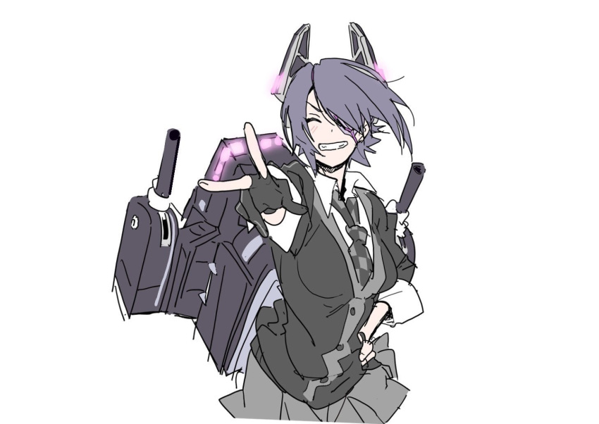 1girl bangs black_gloves blush breasts checkered checkered_neckwear closed_eyes curry0124 eyepatch gloves grey_skirt grin hand_on_hip headgear kantai_collection large_breasts necktie partly_fingerless_gloves purple_hair rigging short_hair simple_background sketch skirt smile solo w white_background
