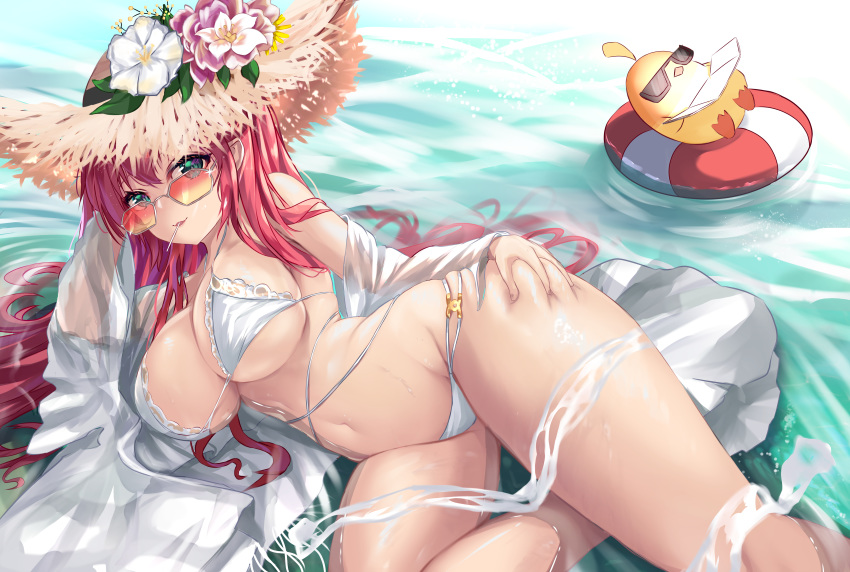1girl absurdres ass_grab azur_lane bangs bikini breasts chanel commentary_request flower green_eyes hat hat_flower highres innertube large_breasts long_hair looking_at_viewer lying manjuu_(azur_lane) mouth_hold multiple_straps navel nekodama2000 on_side open_clothes redhead see-through sheer_clothes smile solo straw_hat sun_hat sunglasses surcouf_(azur_lane) surcouf_(loisirs_balneaires)_(azur_lane) swimsuit water white_bikini