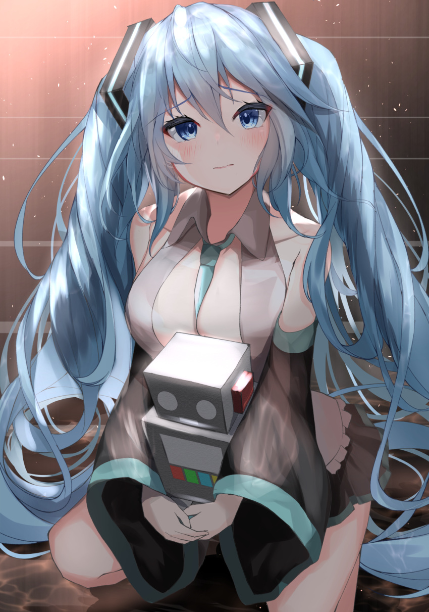 1girl aqua_eyes between_breasts black_skirt blue_eyes blue_hair breasts commentary detached_sleeves eyebrows_visible_through_hair hair_ornament hatsune_miku highres holding kneeling long_hair looking_at_viewer necktie nephthys2356 open_clothes open_vest robot scared sidelocks skirt solo twintails very_long_hair vest vocaloid