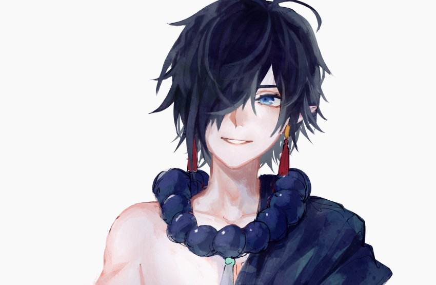 1boy absurdres bare_shoulders bead_necklace beads black_hair blue_eyes collarbone earrings face grey_background hair_over_one_eye highres jewelry male_focus necklace original parted_lips pointy_ears shion_(reira) simple_background smile solo upper_body