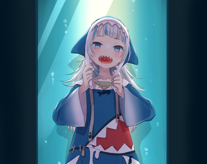 1girl :d bangs blue_eyes blue_hair blunt_bangs commentary english_commentary gawr_gura hololive hololive_english hood hood_up long_hair long_sleeves looking_at_viewer multicolored_hair open_mouth shark_costume shark_hood sharp_teeth smile solo streaked_hair teeth two-tone_hair uvula virtual_youtuber white_hair wide_sleeves yoshida_on