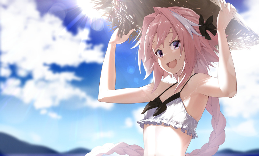 1boy :d absurdres androgynous astolfo_(fate) bikini bikini_top black_bow black_ribbon blue_sky bow braid clouds commentary_request fang fate/apocrypha fate_(series) hair_bow hair_intakes hair_ribbon hat highres holding holding_clothes holding_hat lens_flare long_braid long_hair looking_at_viewer male_focus multicolored_hair open_mouth otoko_no_ko pink_hair ribbon single_braid skin_fang sky smile solo straw_hat streaked_hair sun sunlight sweatdrop swimsuit takatun223 violet_eyes white_hair
