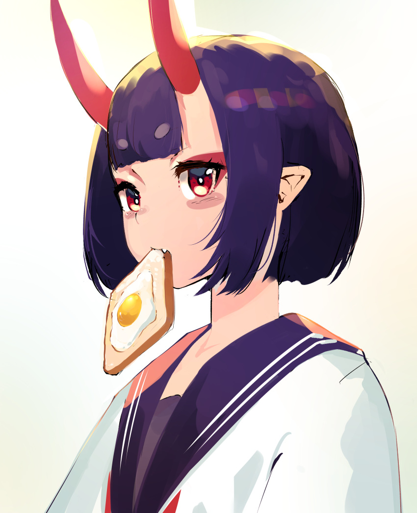 1girl absurdres bangs blue_sailor_collar blush bob_cut breasts contemporary egg eyeliner fate/grand_order fate_(series) food food_in_mouth highres horns long_sleeves looking_at_viewer makeup mouth_hold okoru_ringo oni oni_horns purple_hair red_eyes sailor_collar shirt short_eyebrows short_hair shuten_douji_(fate/grand_order) simple_background skin-covered_horns small_breasts toast toast_in_mouth white_background white_shirt