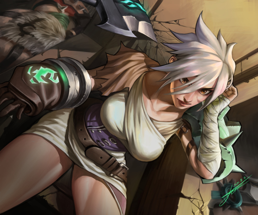 1girl absurdres bandaged_arm bandages breasts brown_eyes commission from_above highres large_breasts league_of_legends looking_up riven_(league_of_legends) short_hair sitting solo tiger_june white_hair