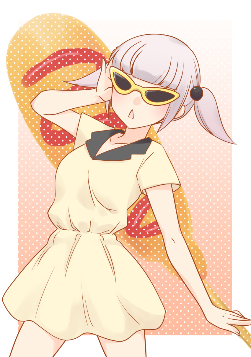 1girl :&lt; absurdres adjusting_eyewear bangs blunt_bangs border breasts casual commentary corn_dog dress food food_background futaki_shiki gradient gradient_background grey_hair hair_bobbles hair_ornament highres hikaru_(ofuton_at5) ketchup open_mouth outside_border short_hair small_breasts solo standing sunglasses two_side_up watashi_ga_motenai_no_wa_dou_kangaetemo_omaera_ga_warui! white_border yellow_dress