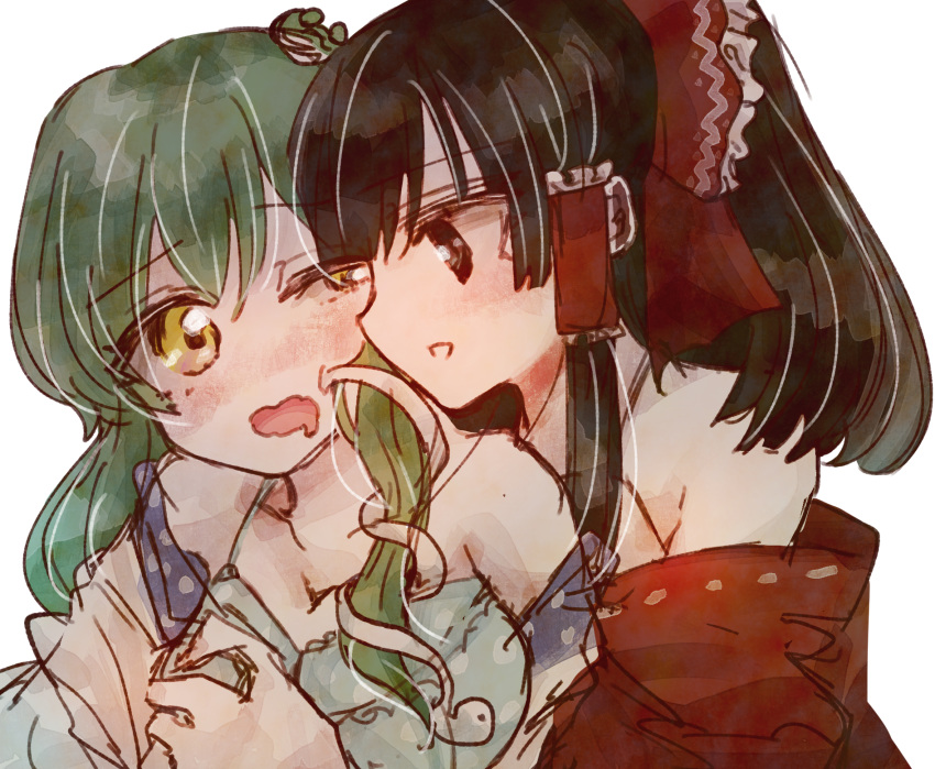 2girls assisted_exposure black_eyes black_hair bow bra breast_grab commentary eye_contact frog_hair_ornament grabbing green_hair hair_bow hair_ornament hair_tubes hakurei_reimu highres kochiya_sanae long_hair looking_at_another multiple_girls open_mouth simple_background snake_hair_ornament touhou udonko underwear wavy_mouth white_background wince yellow_eyes yuri