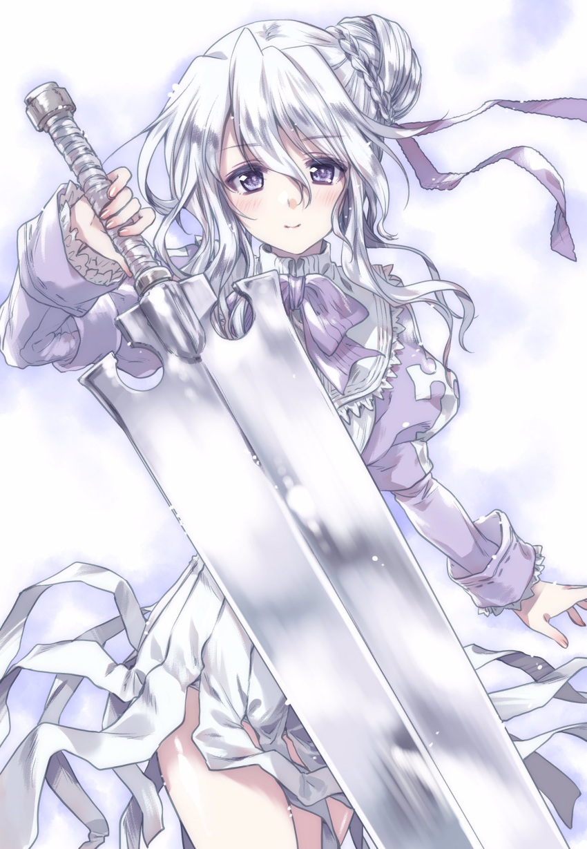 1girl bow braid braided_bun closed_mouth commentary_request cowboy_shot eyebrows_visible_through_hair falier hair_ribbon highres holding holding_sword holding_weapon huge_weapon juliet_sleeves kuroi_mimei long_sleeves looking_at_viewer medium_skirt pleated_skirt puffy_sleeves purple_bow purple_neckwear purple_ribbon purple_shirt ribbon shirt side_bun silver_hair skirt smile solo standing summon_night summon_night_3 sword violet_eyes weapon white_skirt wind