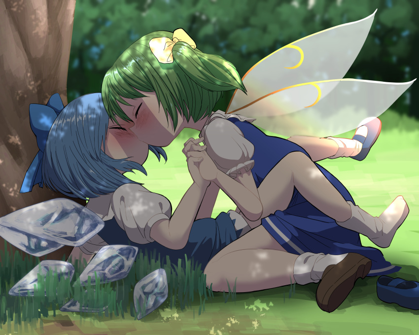 2girls blue_bow blue_eyes blush bow brown_footwear cirno closed_eyes daiyousei fairy_wings forest grass green_hair hair_bow highres holding_hands ice ice_wings interlocked_fingers kiss koharuko_(khrkhrk) mary_janes multiple_girls nature outdoors puffy_short_sleeves puffy_sleeves shoes short_hair short_sleeves side_ponytail single_shoe socks touhou tree wings yellow_bow yuri